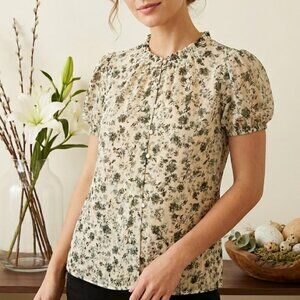 Olivia Grey Floral Puff Sleeve Blouse Sheer Overlay Cottagecore Romantic M